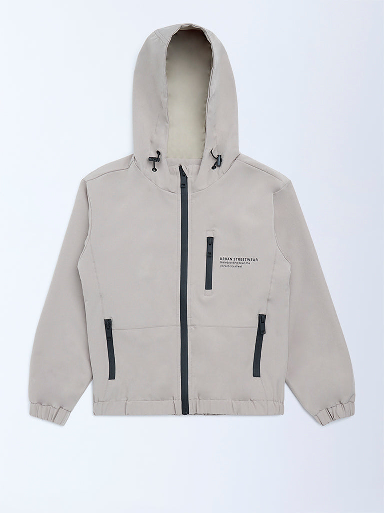 Y&F Kids Boys Beige Text Detailed Hooded Jacket