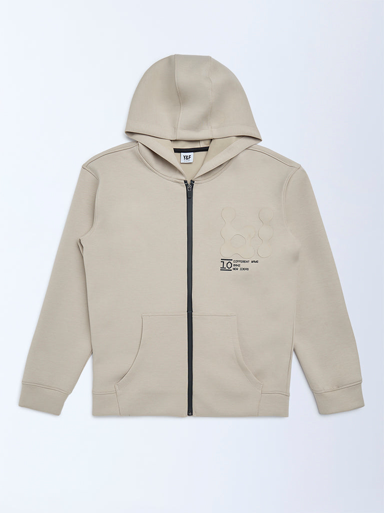 Y&F Kids Boys Beige Typographic Hooded Jacket