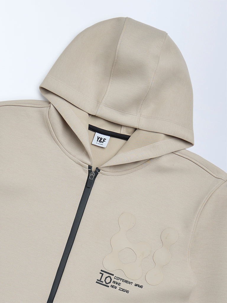 Y&F Kids Boys Beige Typographic Hooded Jacket