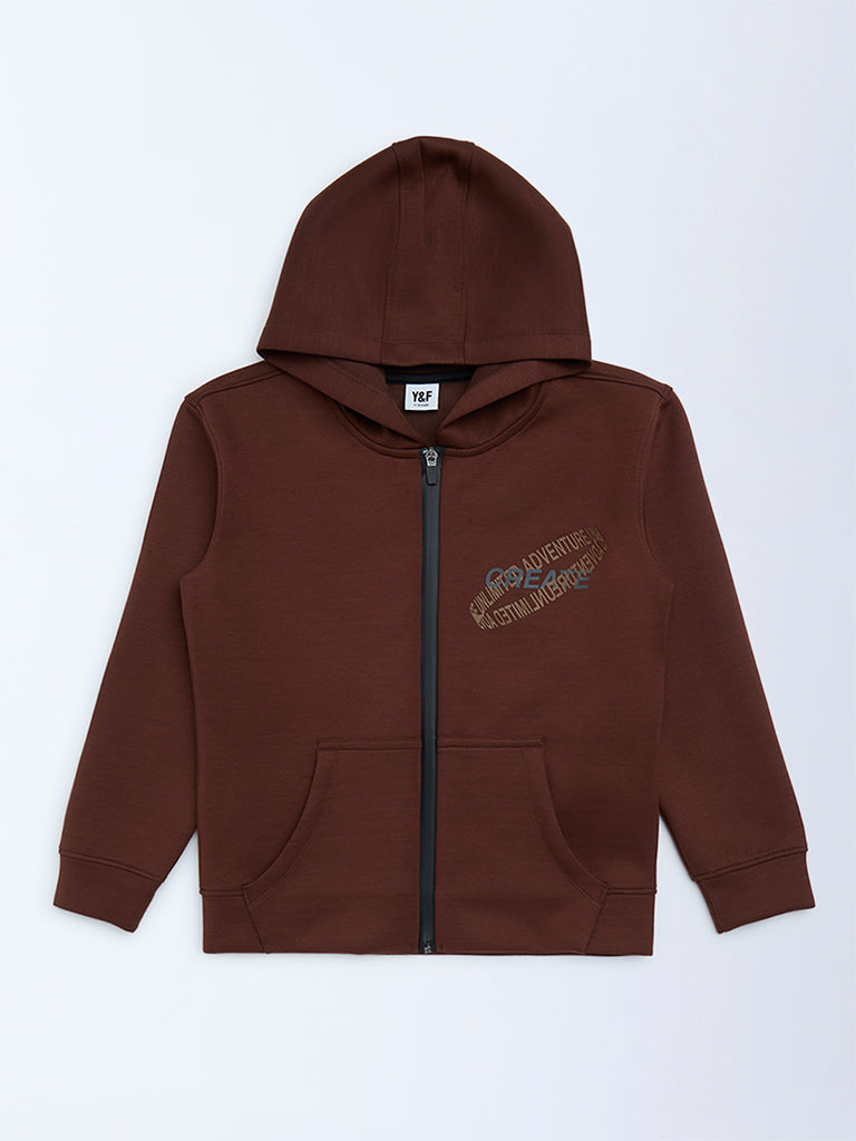 Y&F Kids Boys Dark Brown Text Printed Hooded Jacket