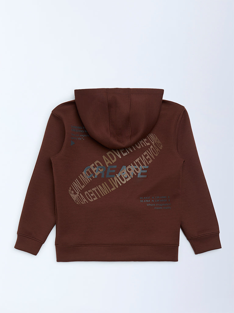 Y&F Kids Boys Dark Brown Text Printed Hooded Jacket