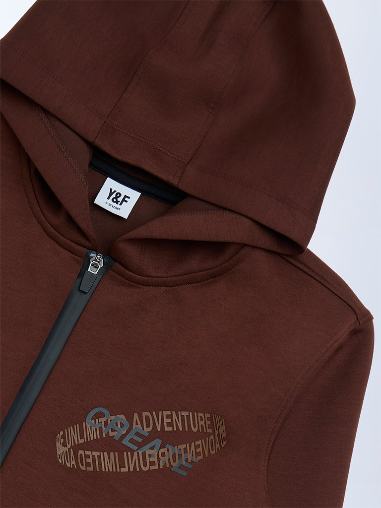 Y&F Kids Boys Dark Brown Text Printed Hooded Jacket