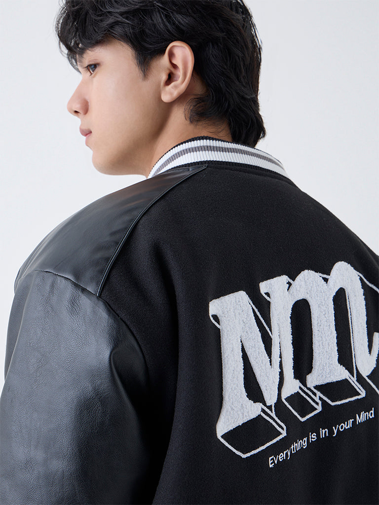 Nuon Black Text Design Relaxed-Fit Varsity Jacket
