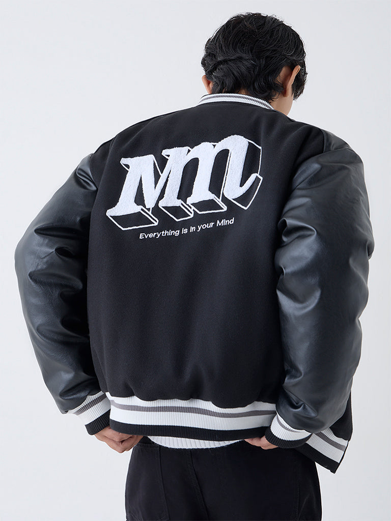 Nuon Black Text Design Relaxed-Fit Varsity Jacket