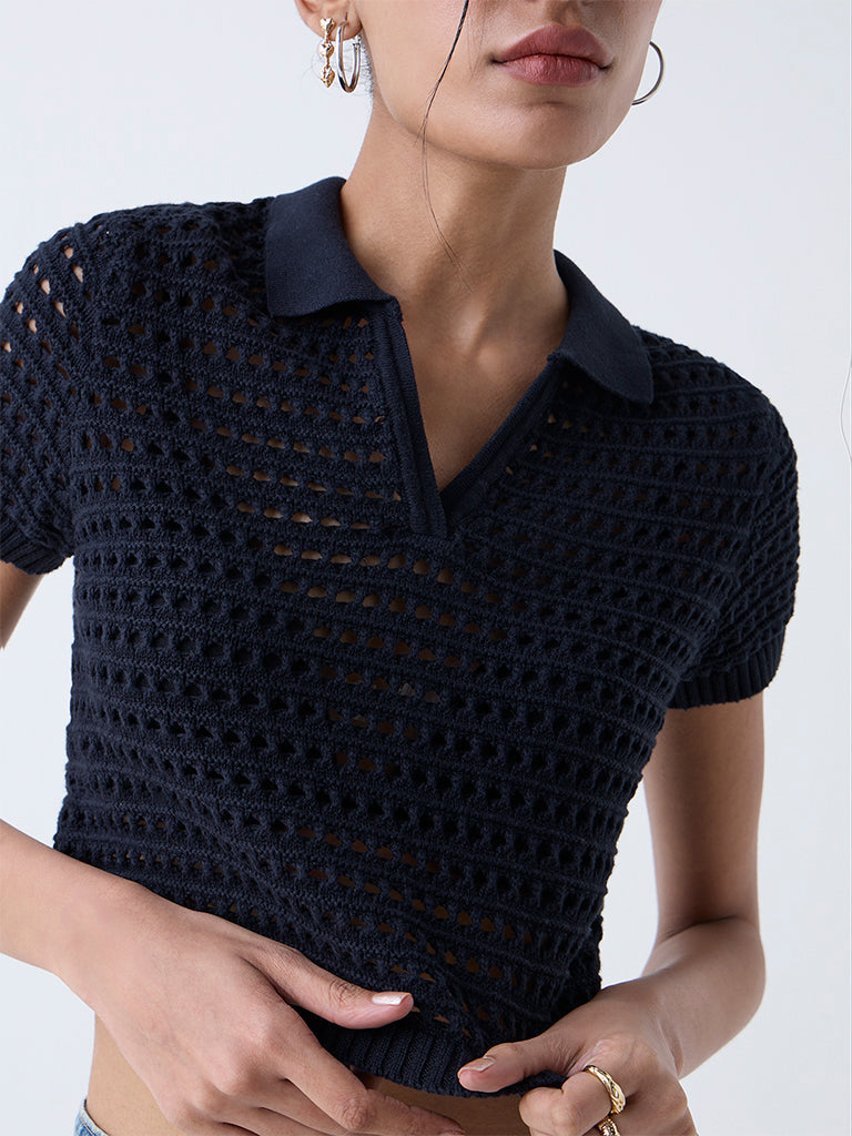 Nuon Black Crochet-Detailed Cotton Top