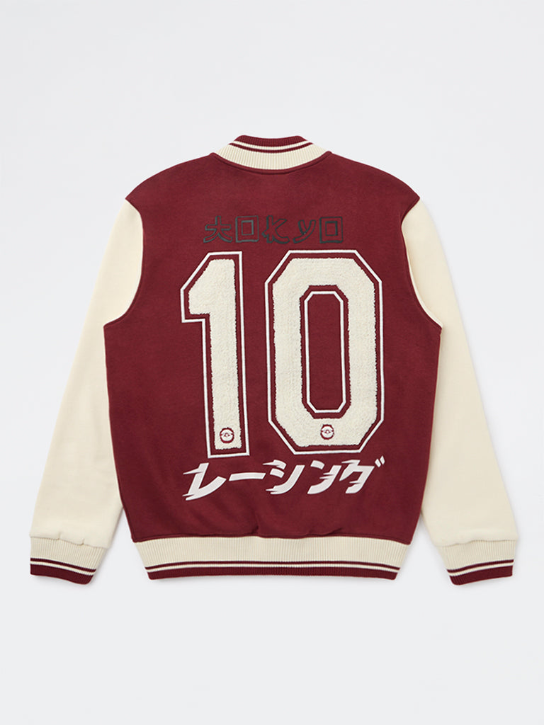 Y&F Kids Boys Red Embroidered Cotton-Blend Varsity Jacket