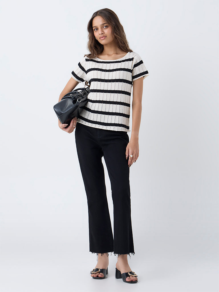 LOV Black Striped Cotton-Blend Top