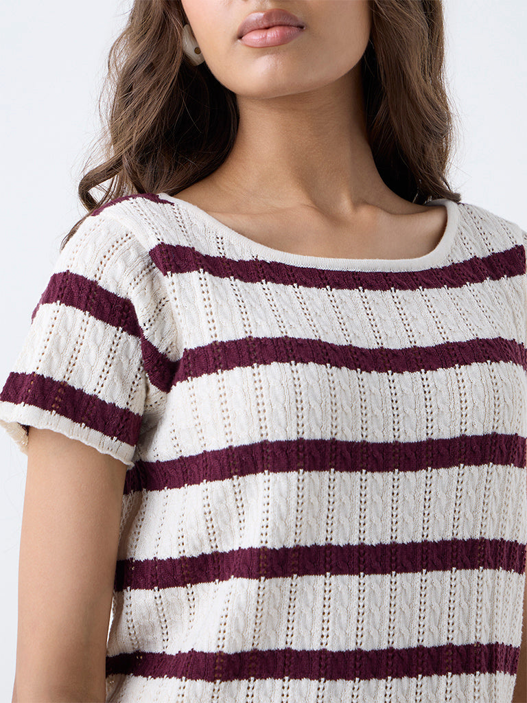 LOV Burgundy Striped Cotton-Blend Top