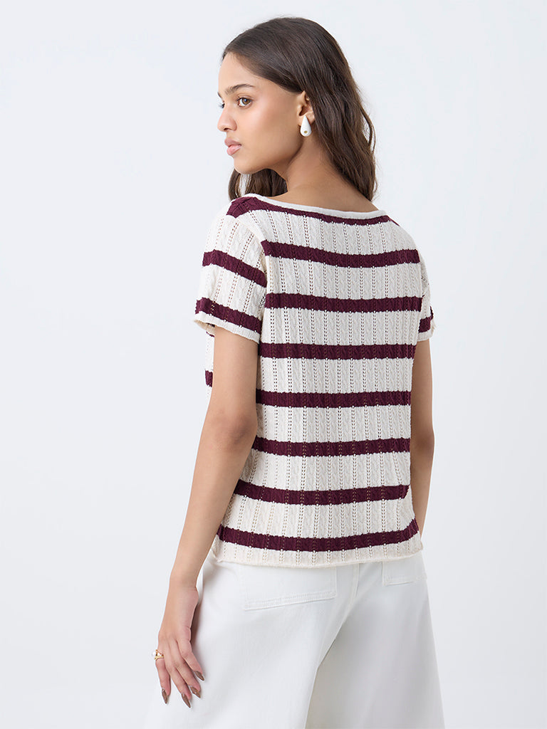 LOV Burgundy Striped Cotton-Blend Top