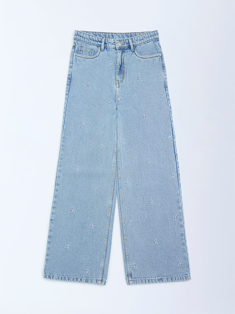 Y&F Kids Girls Light Blue Embroidery Relaxed-Fit High-Rise Jeans
