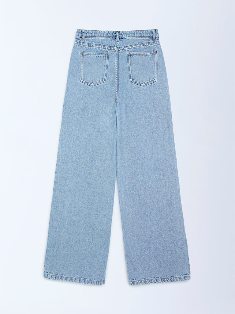 Y&F Kids Girls Light Blue Embroidery Relaxed-Fit High-Rise Jeans