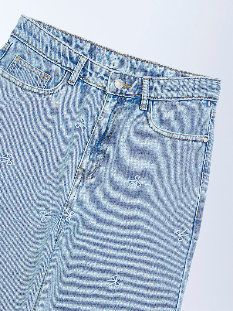 Y&F Kids Girls Light Blue Embroidery Relaxed-Fit High-Rise Jeans