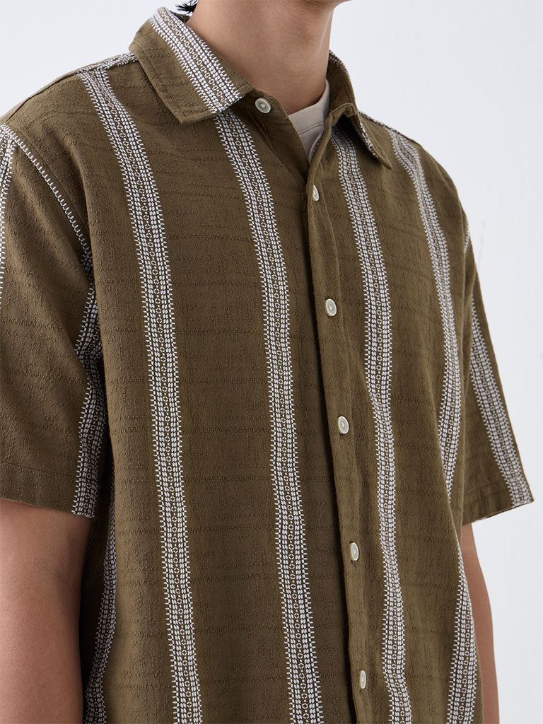 ETA Brown Embroidered Relaxed-Fit Cotton Shirt