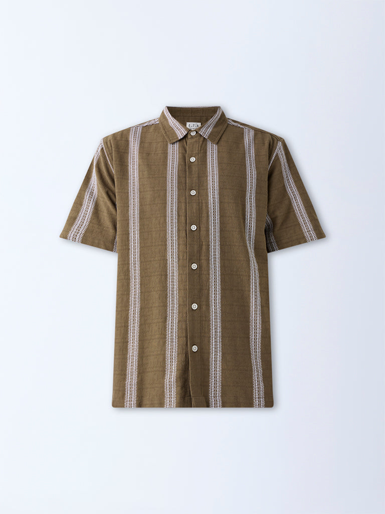 ETA Brown Embroidered Relaxed-Fit Cotton Shirt