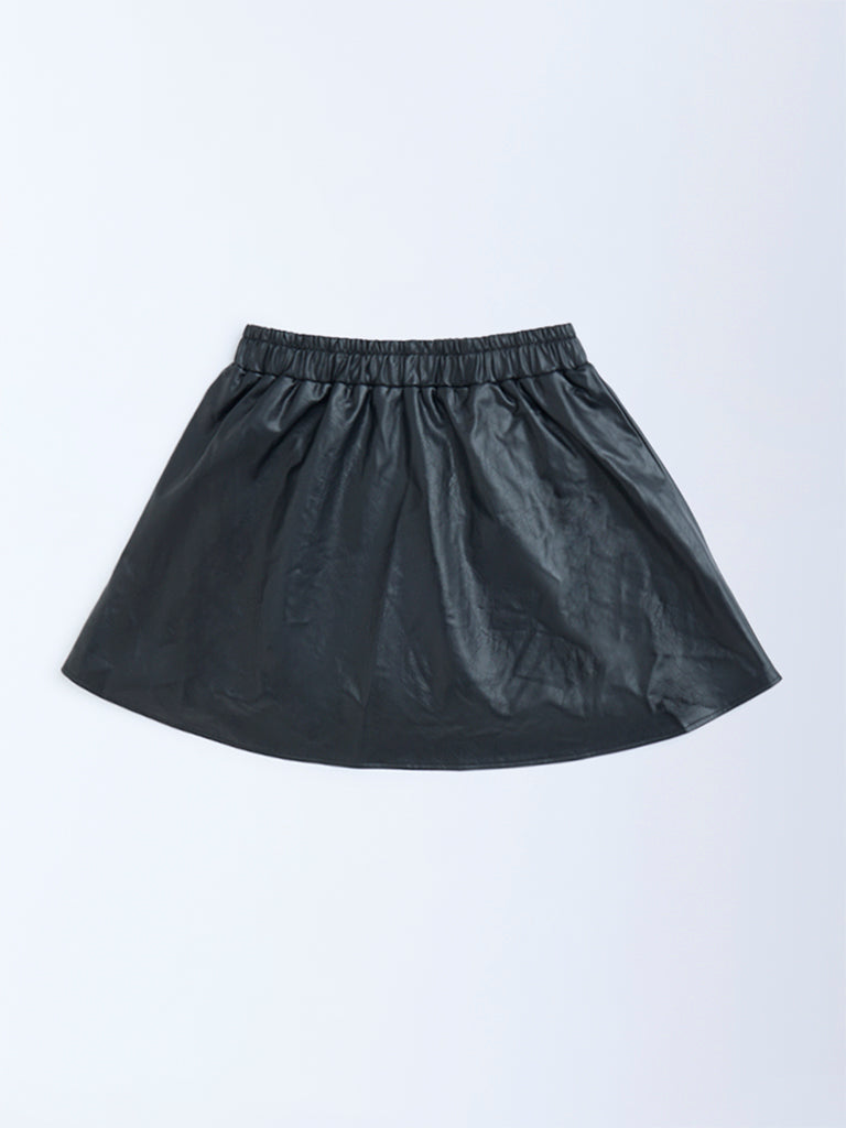 Y&F Kids Girls Black High-Rise Leather Skirt