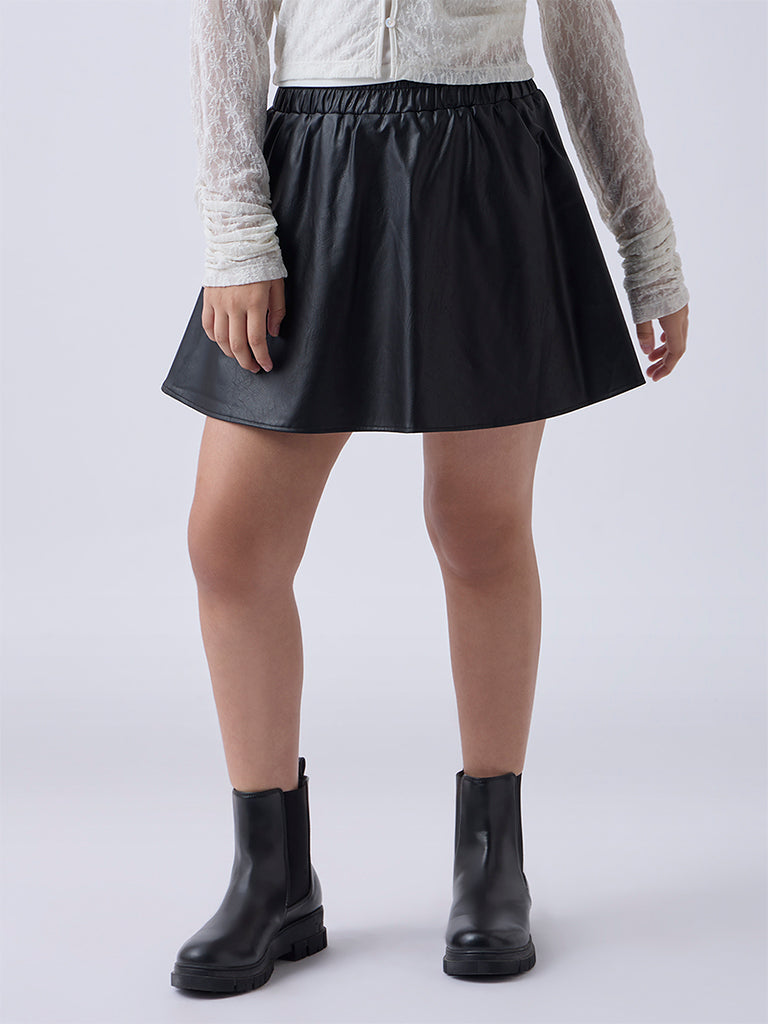 Y&F Kids Girls Black High-Rise Leather Skirt