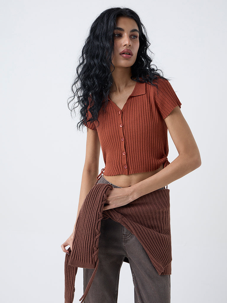Nuon Brown Ribbed-Textured Top