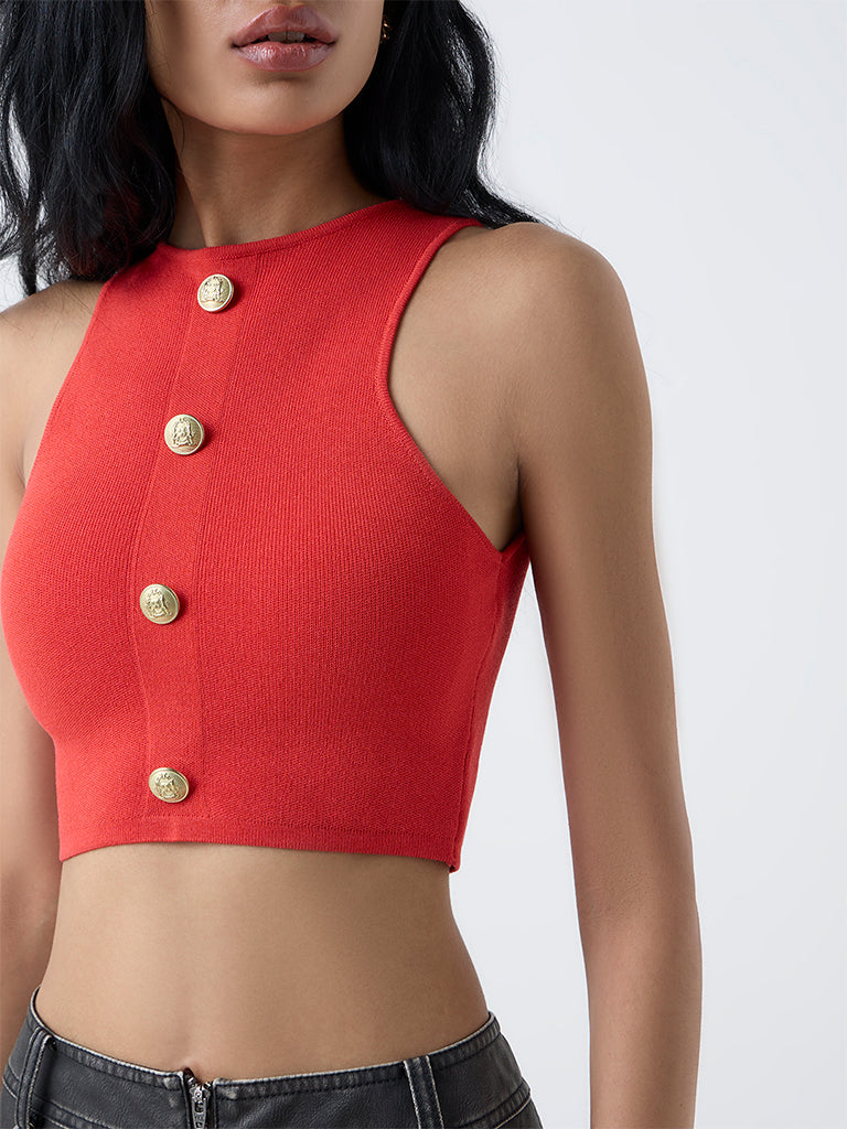 Nuon Red Knit-Textured Crop Top