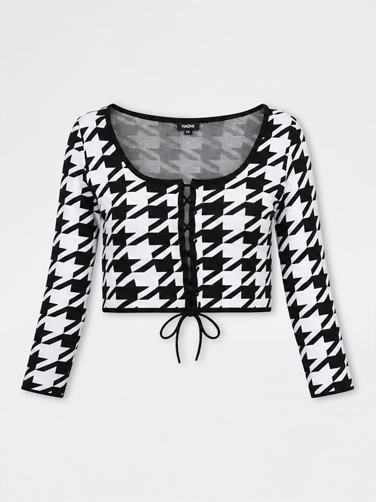 Nuon Black and White Houndstooth Printed Tie-Up Cardigan
