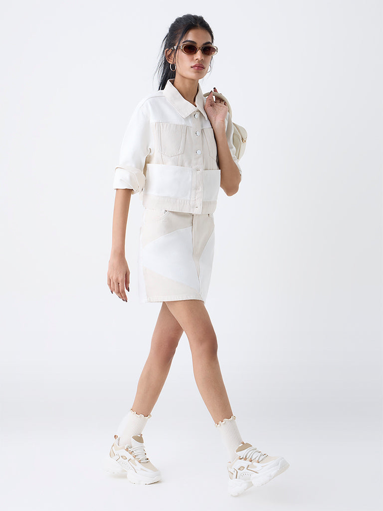 Nuon Off White Colour-Block High-Rise Denim Skirt