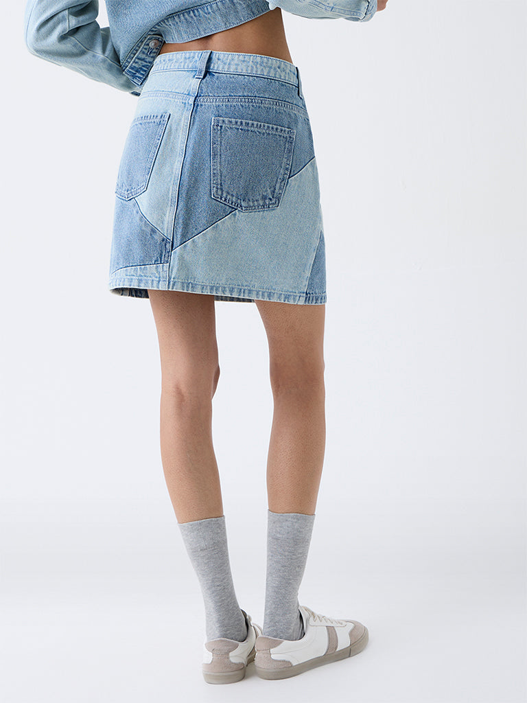 Nuon Blue Colour-Block High-Rise Denim Skirt