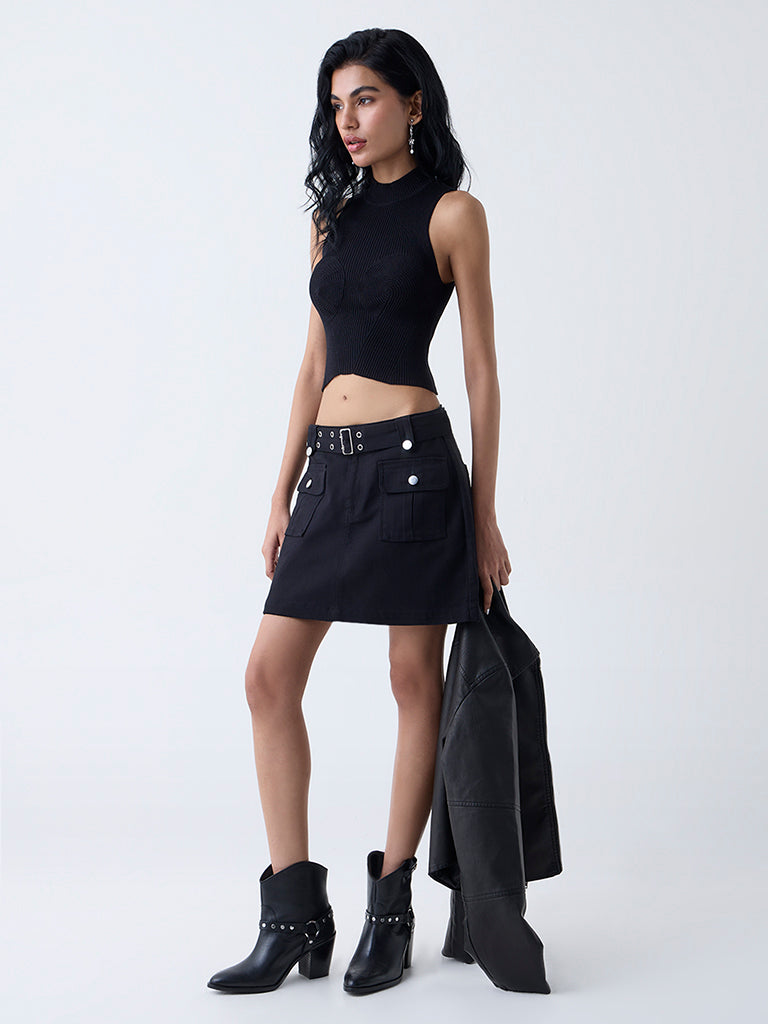 Nuon Black Ribbed-Textured Top