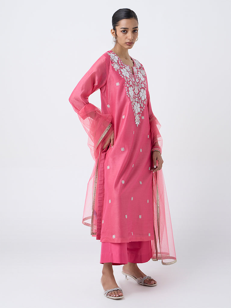 Vark Pink Embellished Cotton-Blend A-Line Ethnic Set