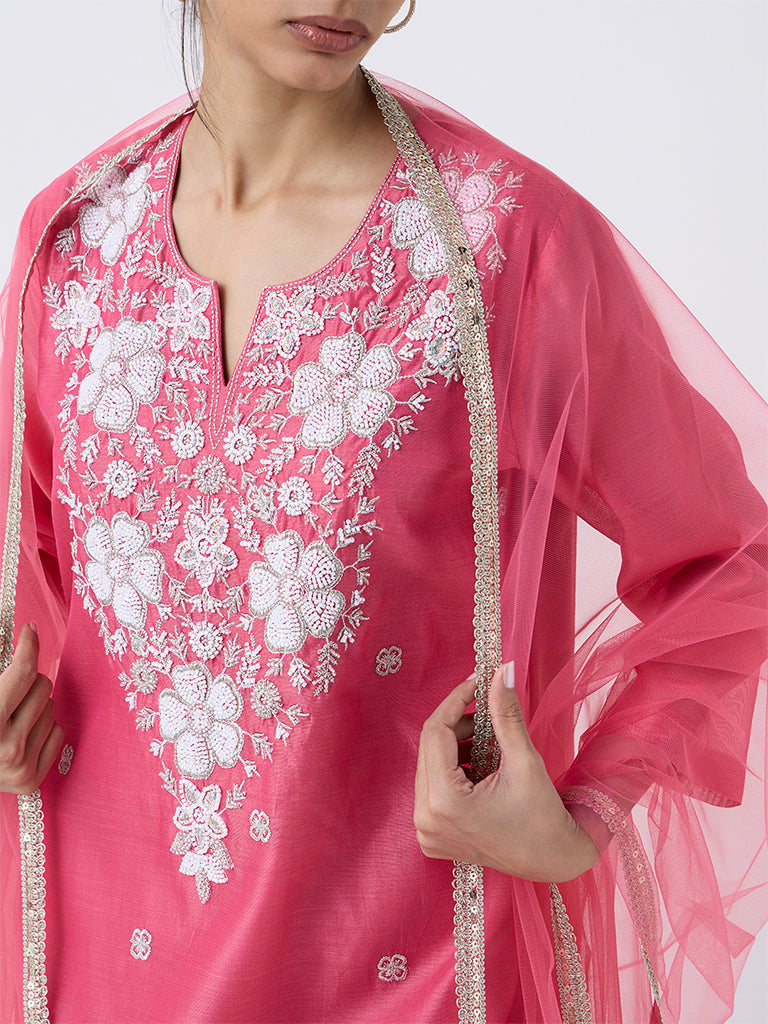 Vark Pink Embellished Cotton-Blend A-Line Ethnic Set