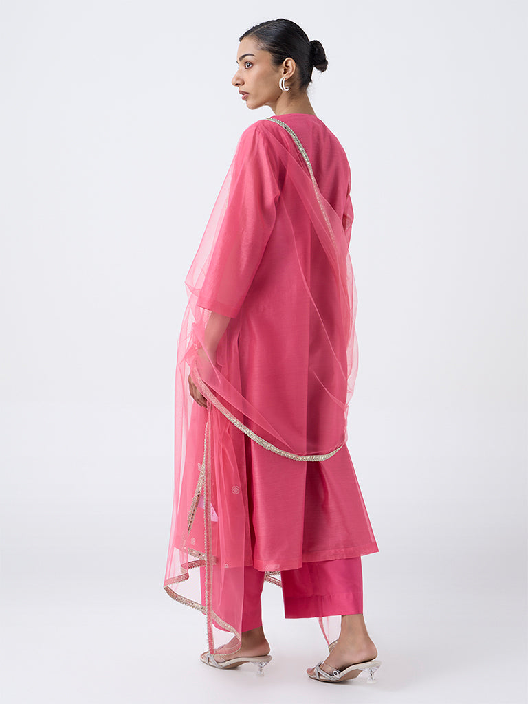 Vark Pink Embellished Cotton-Blend A-Line Ethnic Set