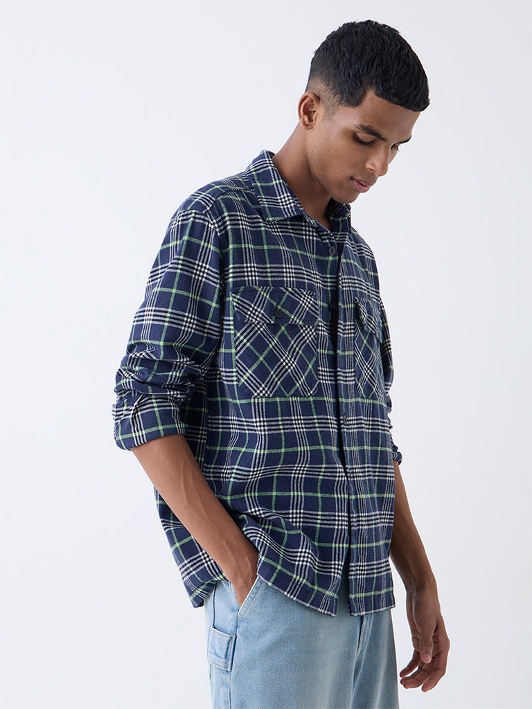 Nuon Navy Checkered Relaxed-Fit Cotton Shirt