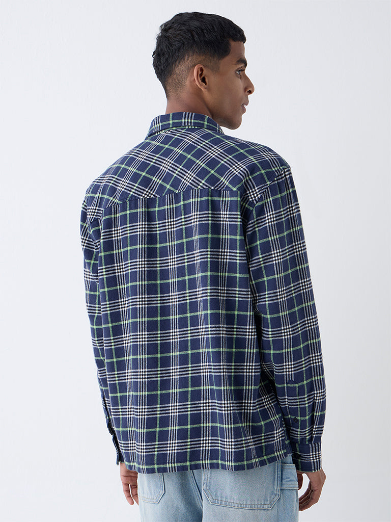 Nuon Navy Checkered Relaxed-Fit Cotton Shirt