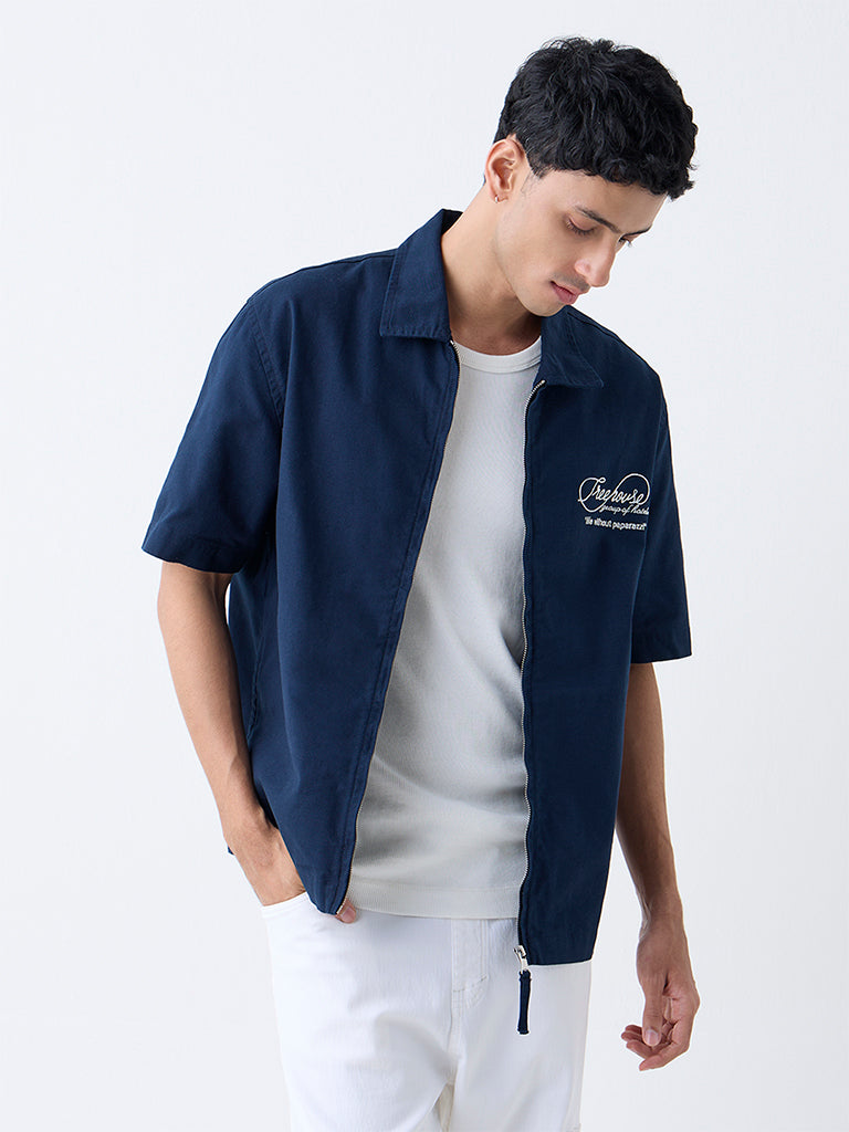 Nuon Navy Text Embroidered Relaxed-Fit Cotton Jacket