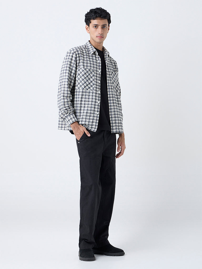 Nuon Off-White Checkered Pattern Relaxed-Fit Cotton Shirt