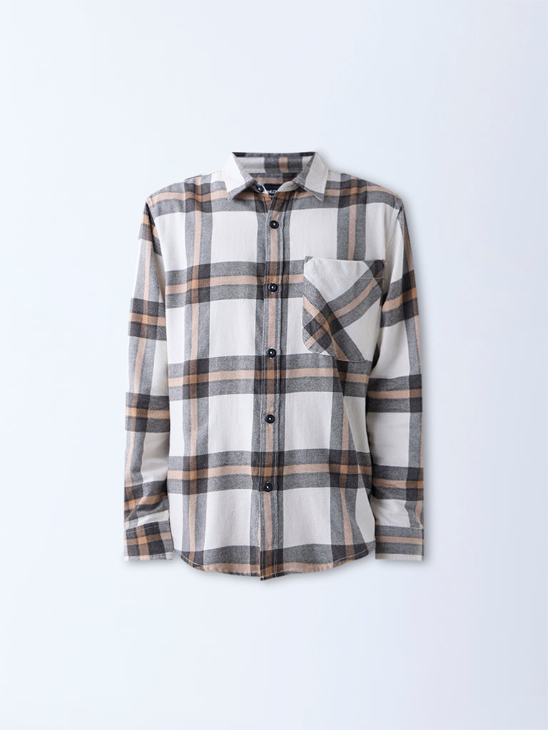Nuon Beige Checkered Relaxed-Fit Cotton-Blend Shirt