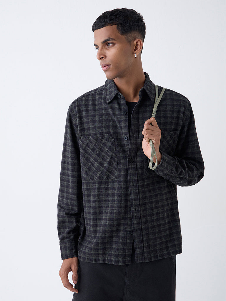 Nuon Black Checks Pattern Relaxed-Fit Cotton Shirt