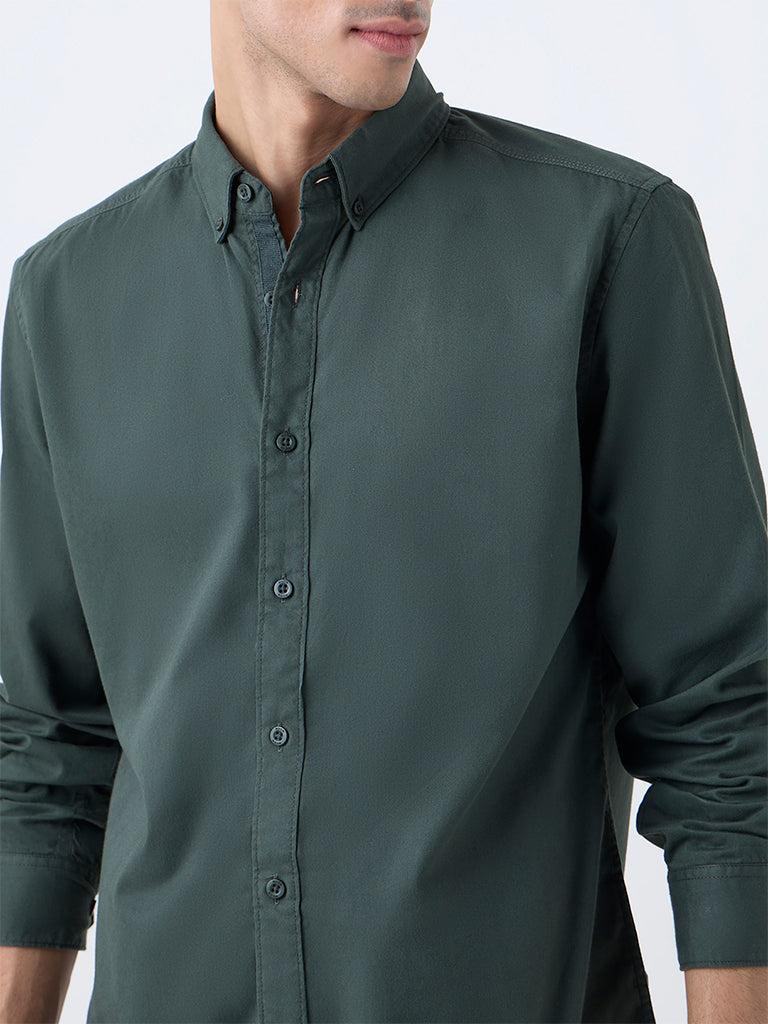 Nuon Olive Solid Slim-Fit Cotton Shirt