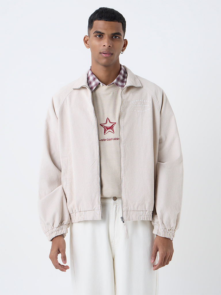 Nuon Beige Typographic Relaxed-Fit Corduroy Jacket