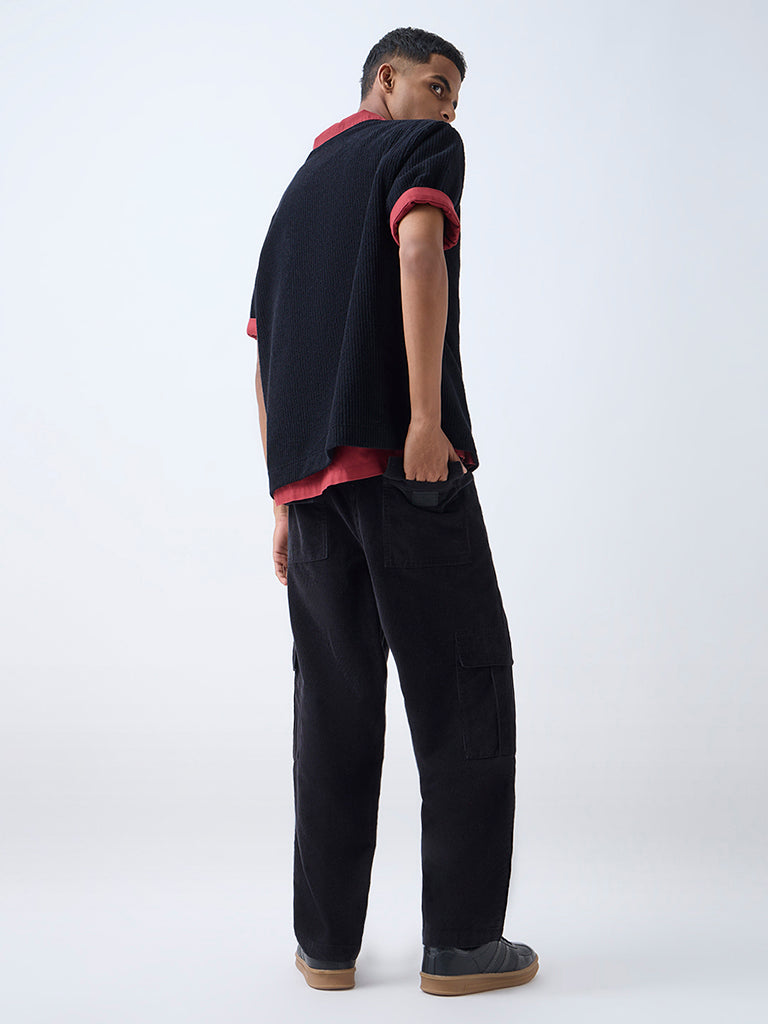 Nuon Black Cargo-Style Relaxed-Fit Mid-Rise Corduroy Pants