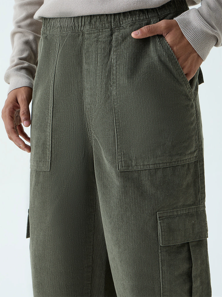 Nuon Olive Cargo-Style Relaxed-Fit Mid-Rise Corduroy Pants