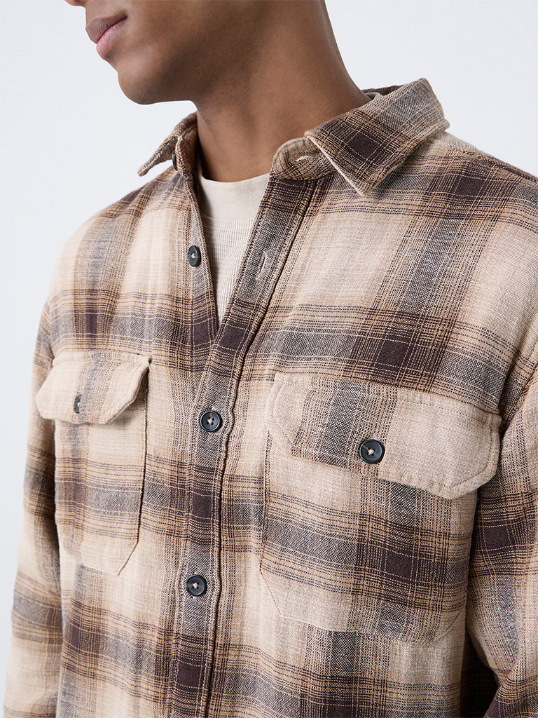 Nuon Light Brown Checkered Relaxed-Fit Cotton Shirt