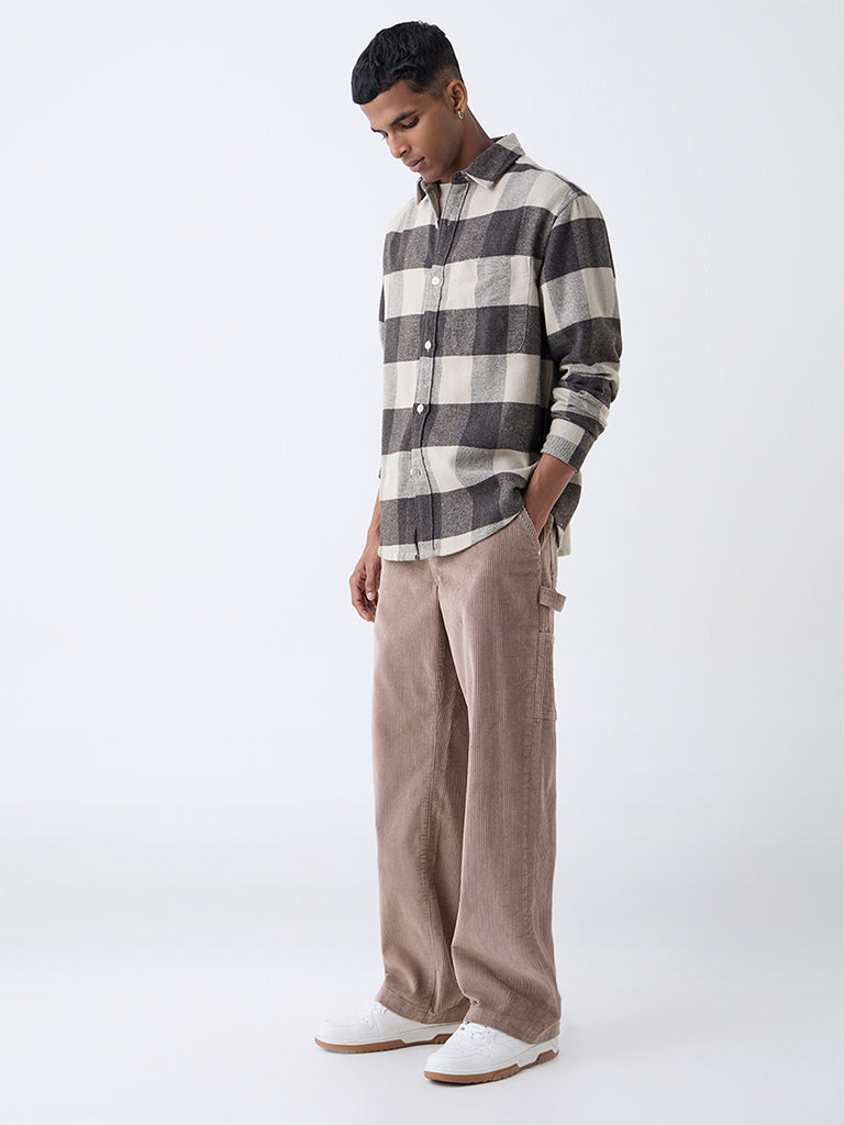 Nuon Brown Checks Printed Relaxed-Fit Cotton Shirt