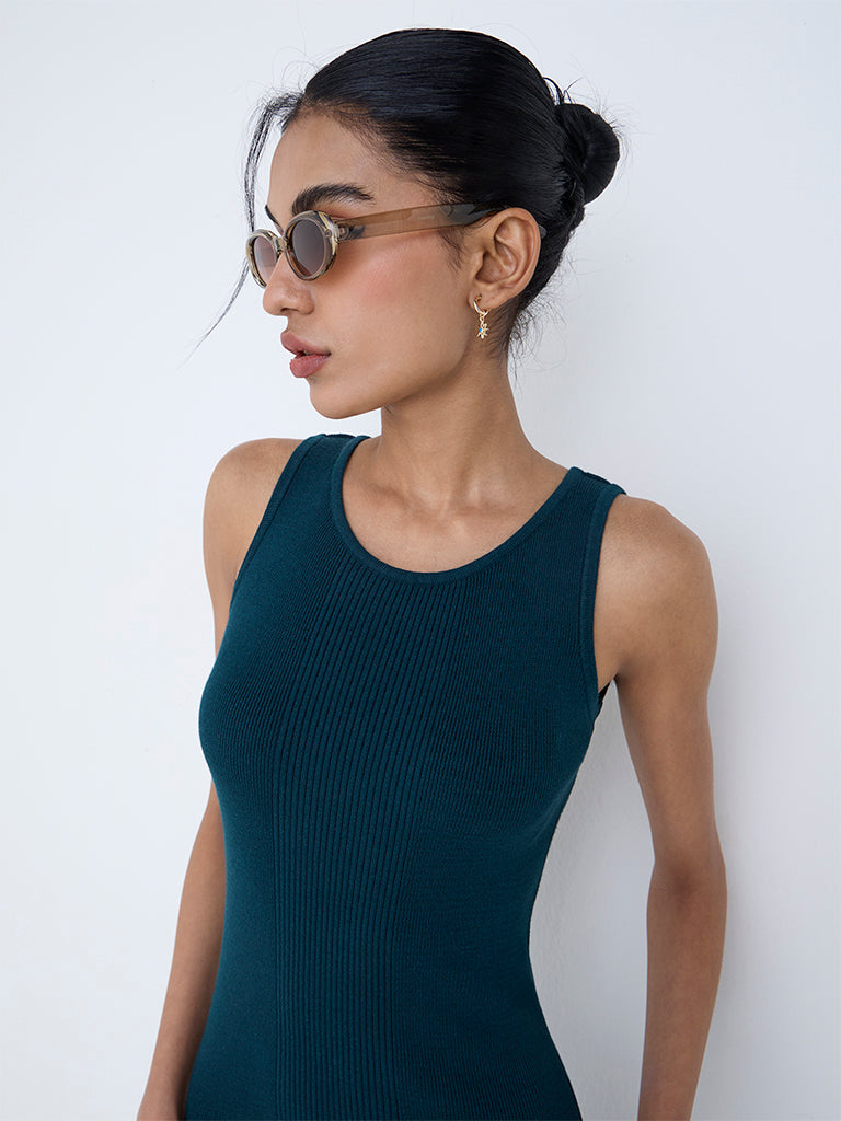 Nuon Teal Ribbed Cotton Bodycon Dress