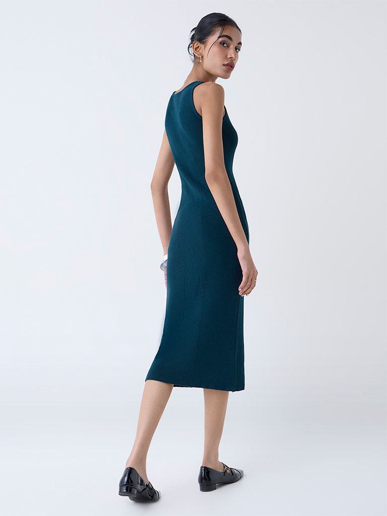 Nuon Teal Ribbed Cotton Bodycon Dress