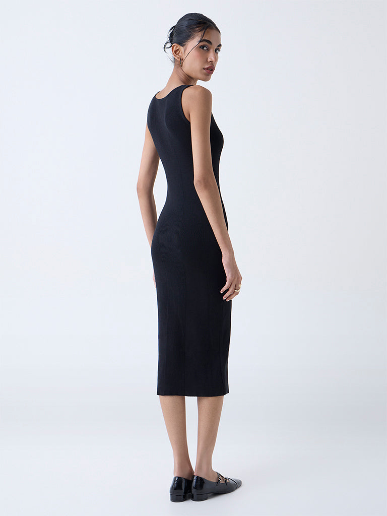 Nuon Black Ribbed Cotton Bodycon Dress