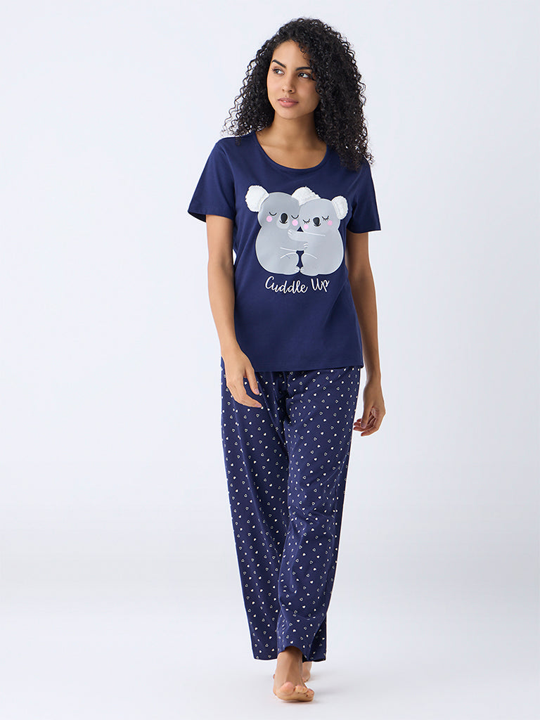 Wunderlove Navy Koala Bear Cotton T-Shirt and Pyjama Set