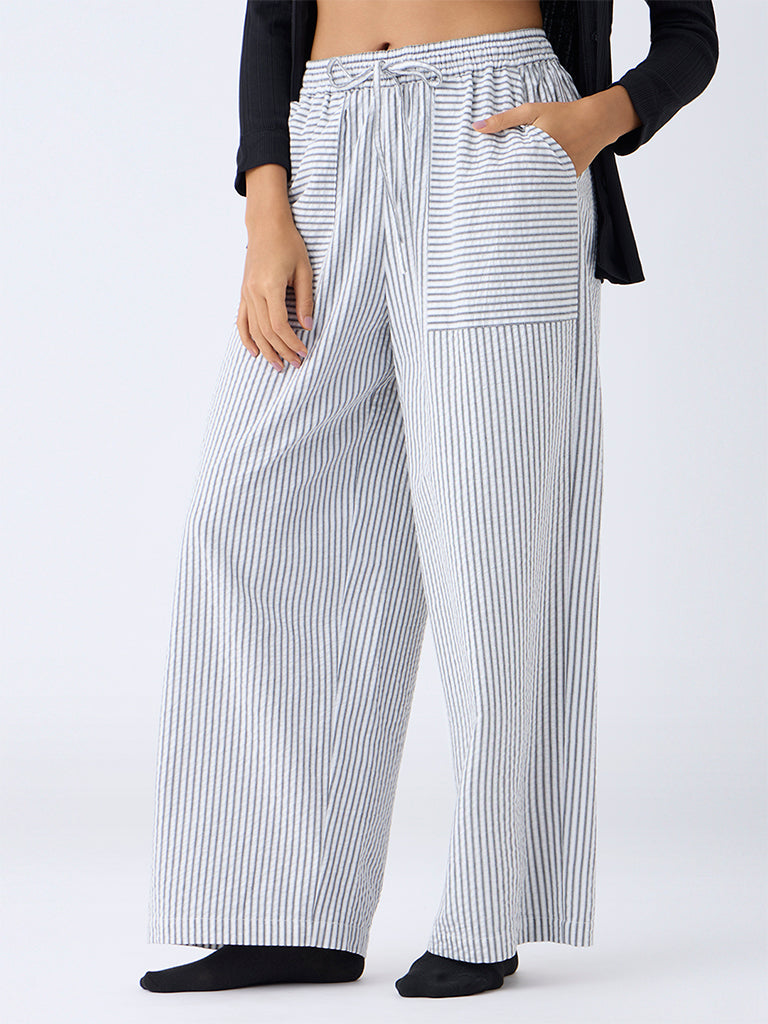 Wunderlove Black Striped Wide-Leg High-Rise Cotton Pants