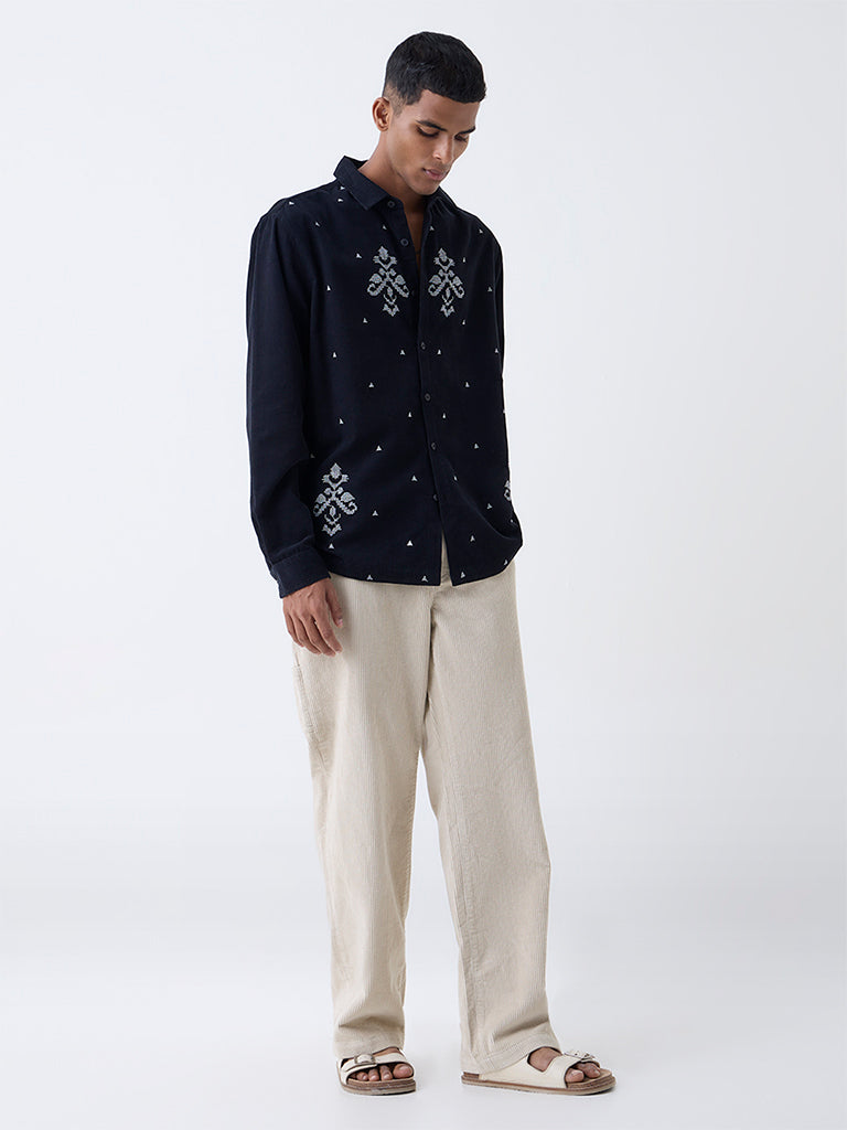ETA Black Embroidered Relaxed-Fit Cotton Shirt