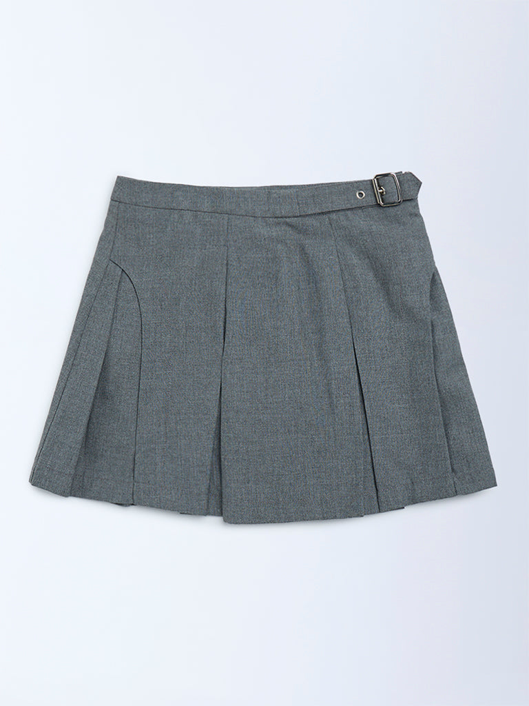 Y&F Kids Girls Grey Box Pleated High-Rise Cotton-Blend Skirt