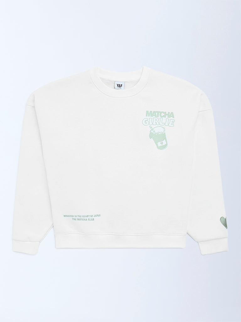Y&F Kids Girls Off-White Printed Cotton-Blend Sweatshirt