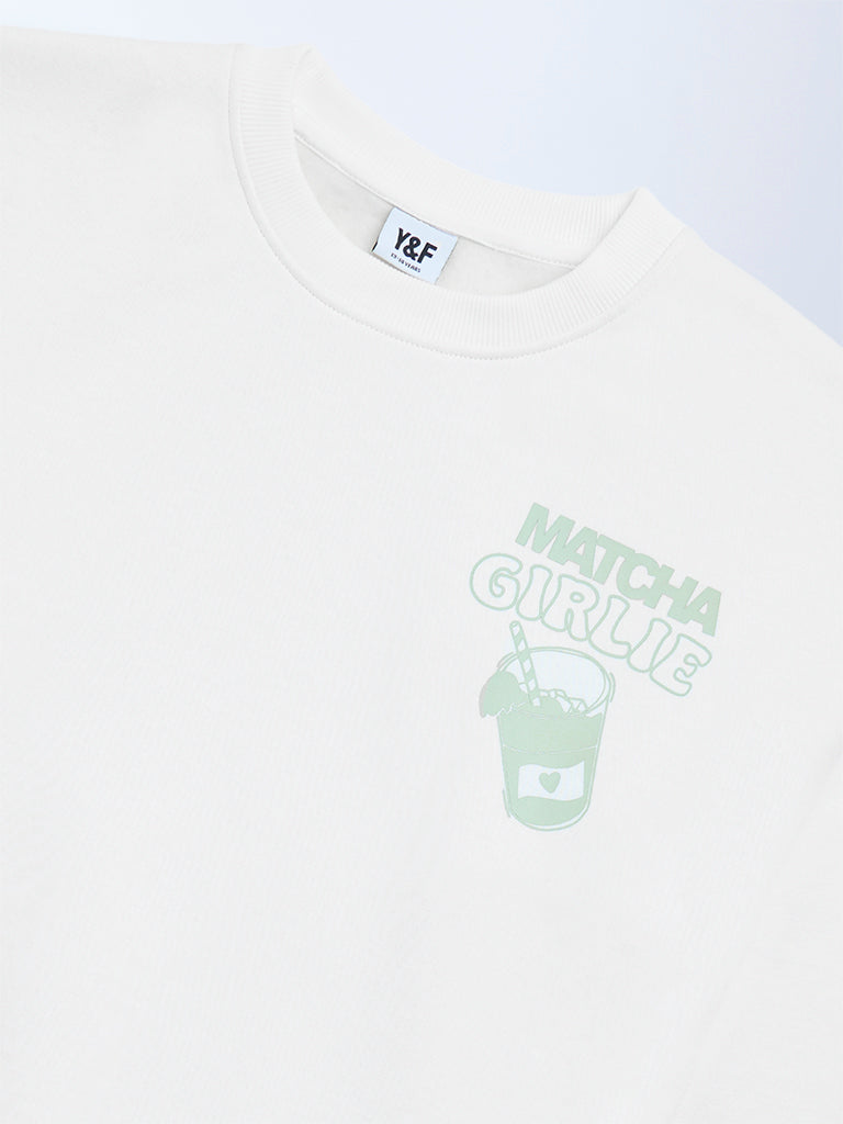 Y&F Kids Girls Off-White Printed Cotton-Blend Sweatshirt